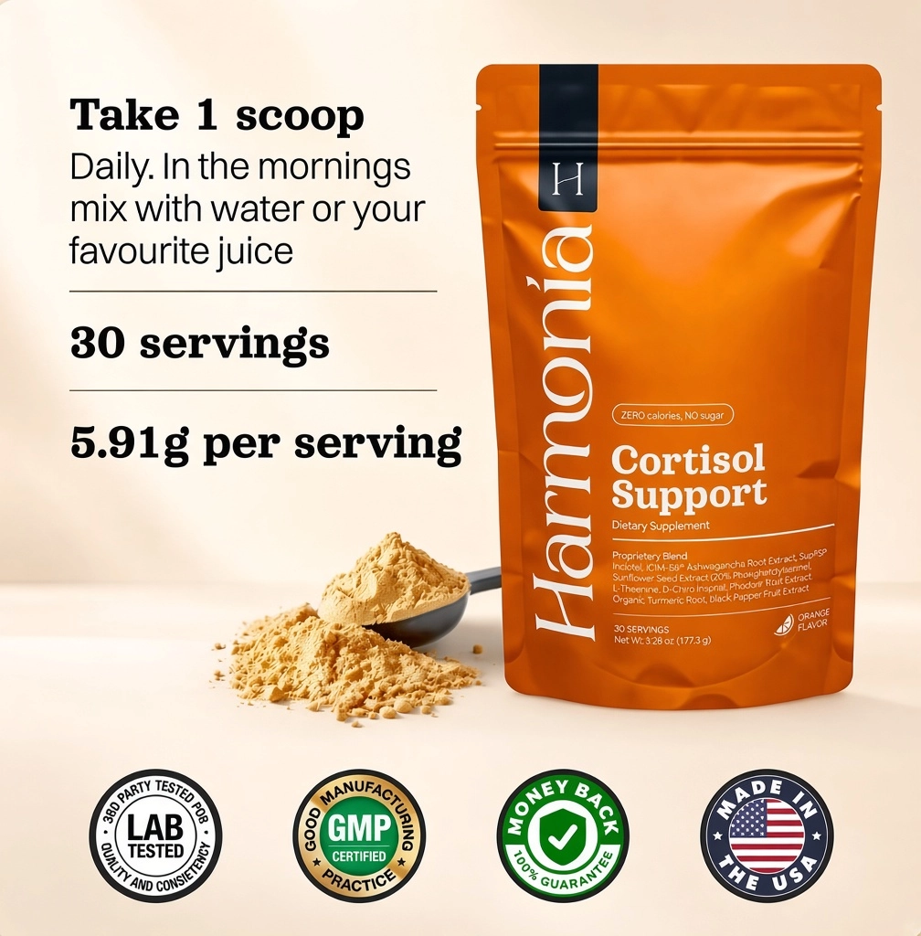 Harmonía Cortisol Support Pouch, Powder, and Orange Cocktail